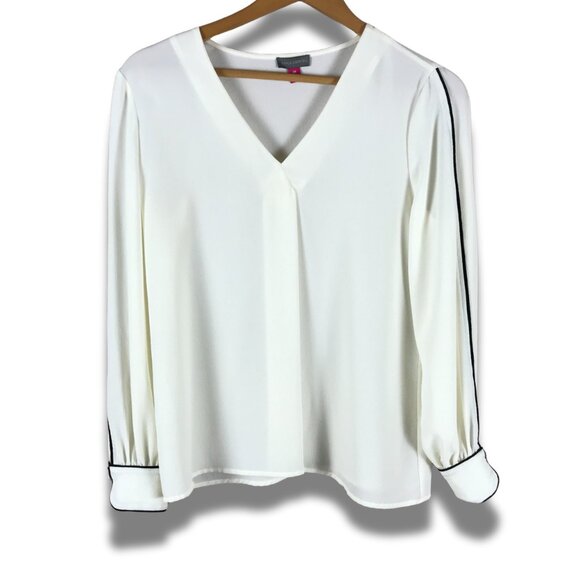 VINCE CAMUTO Ivory Contrast Piping Crepe Blouse XS - Picture 2 of 9